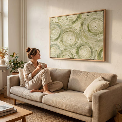 Swirling sage green ring circles, canvas wall art seen in a warm interior with natural light