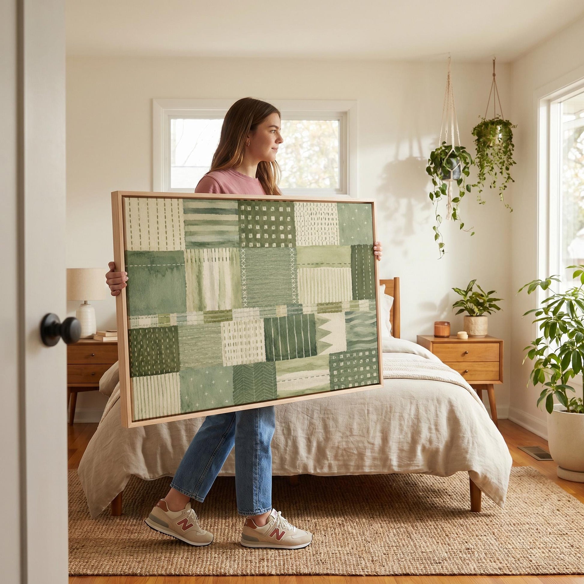 Quilted patchwork of olive green blocks, canvas print styled against a soft white wall
