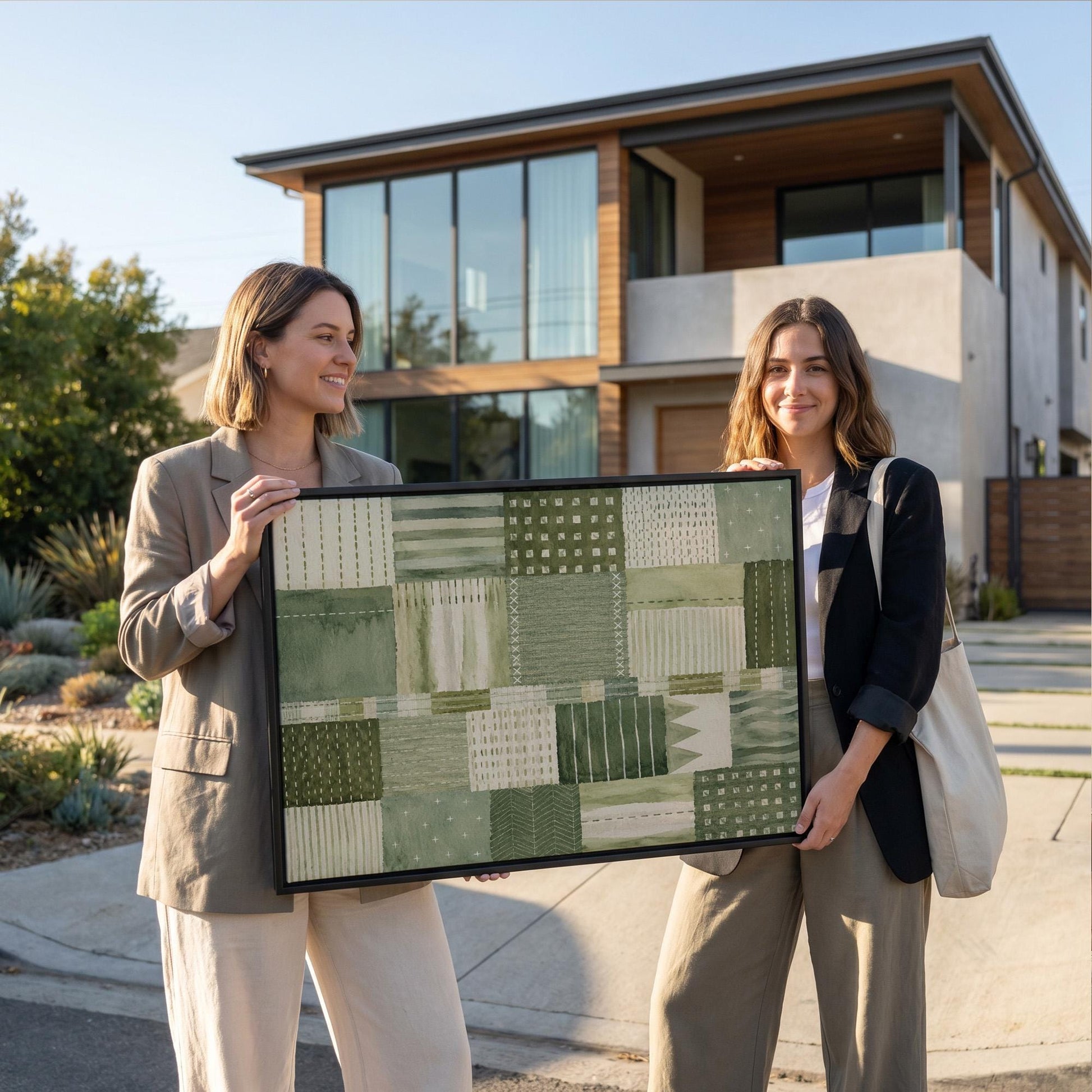 Quilted patchwork of olive green blocks, canvas print seen in a warm interior with natural light