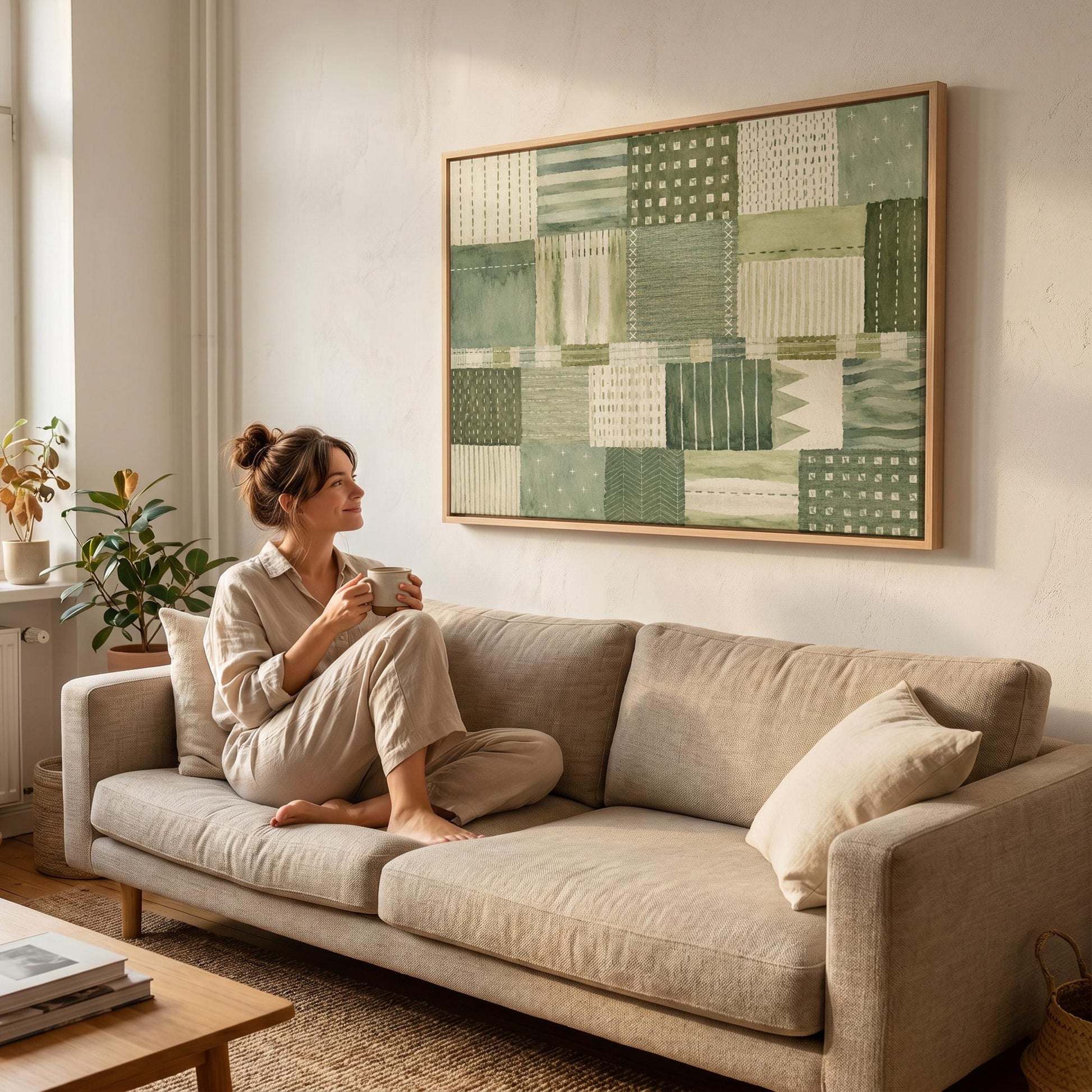 Quilted patchwork of olive green blocks, canvas print displayed on a neutral wall in a styled interior