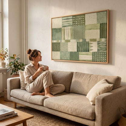 Quilted patchwork of olive green blocks, canvas print displayed on a neutral wall in a styled interior