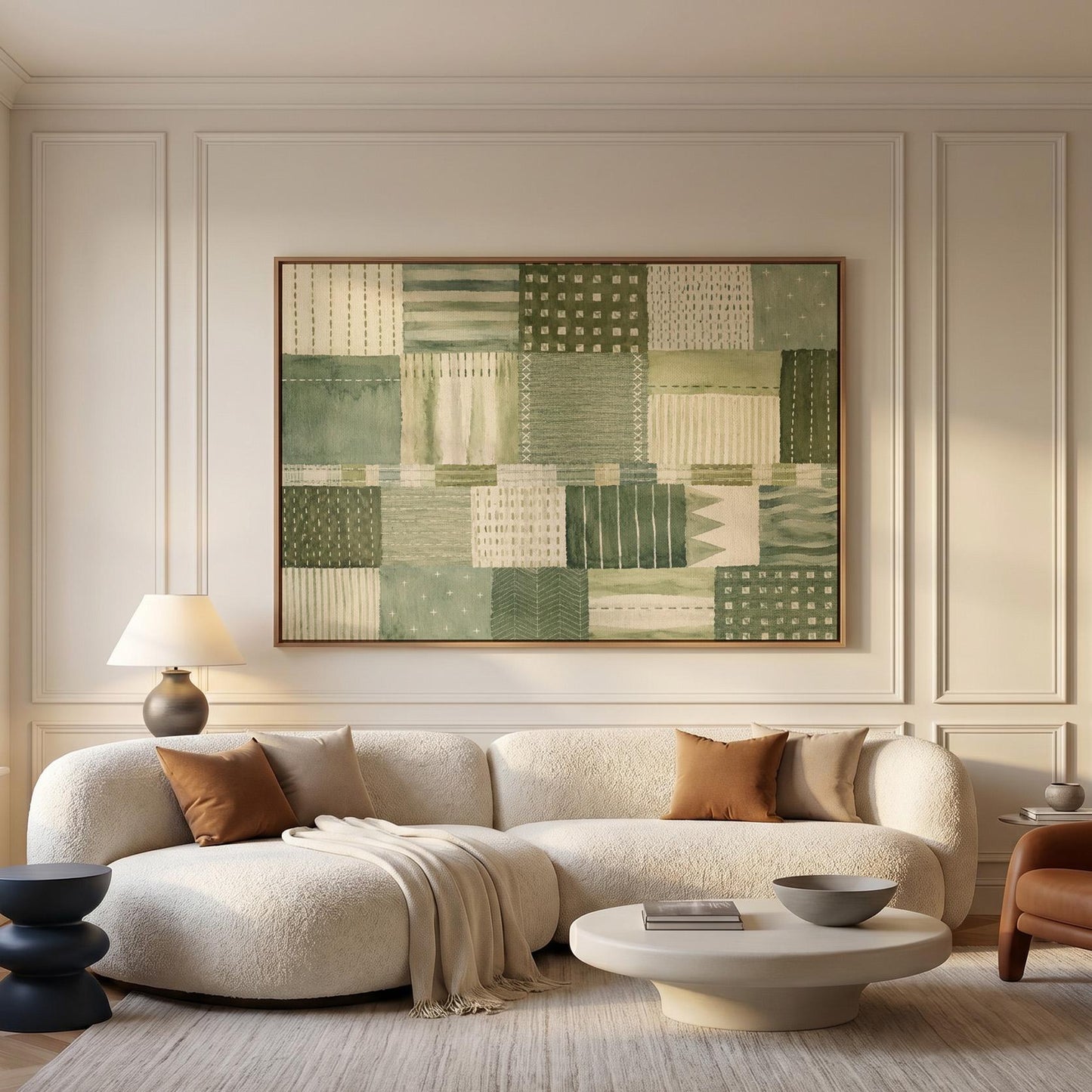 Quilted patchwork of olive green blocks, canvas wall art hanging in a calm, modern living space