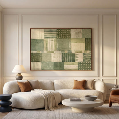 Quilted patchwork of olive green blocks, canvas wall art hanging in a calm, modern living space