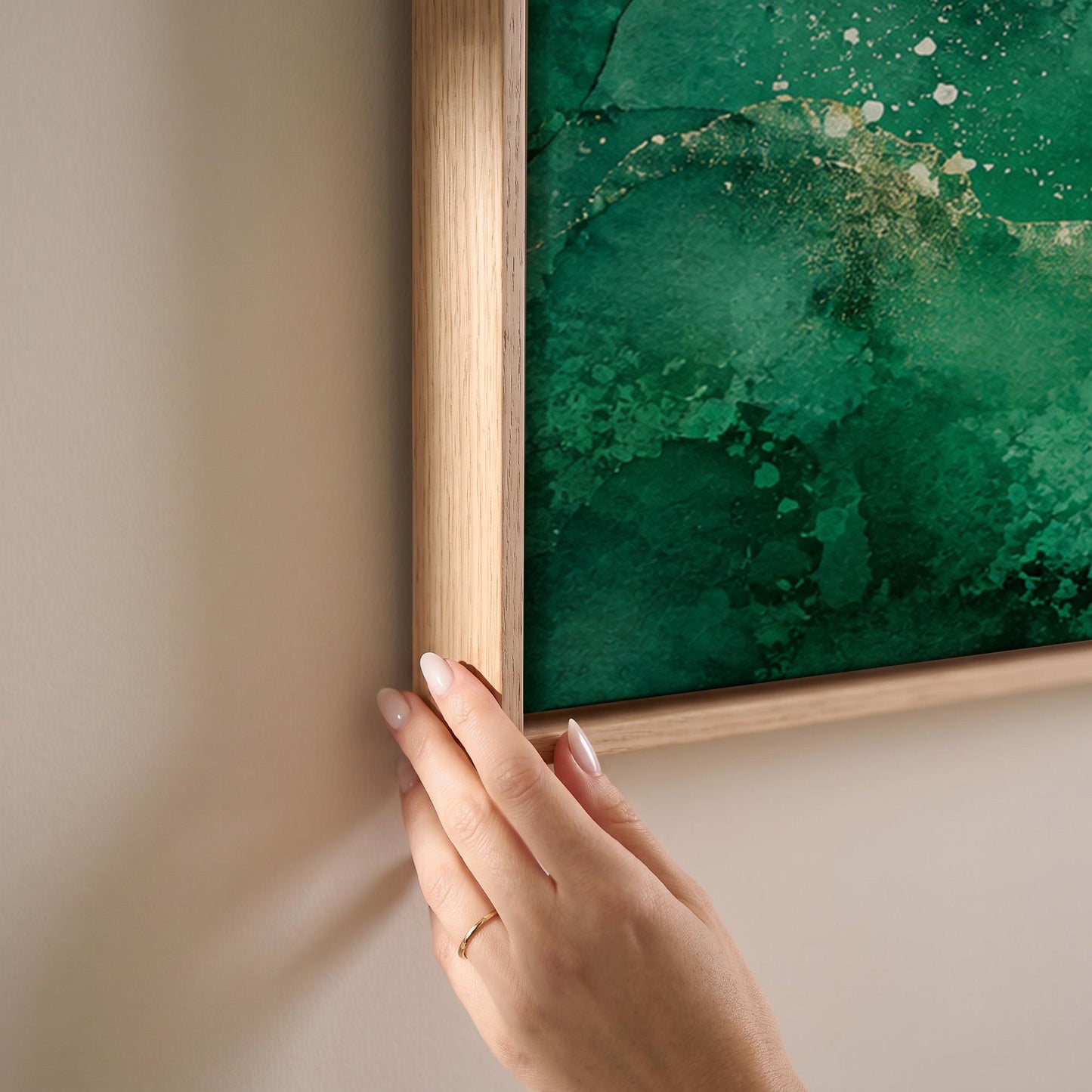 Wide emerald green watercolor wash, canvas print shown at full size in a light-filled bedroom