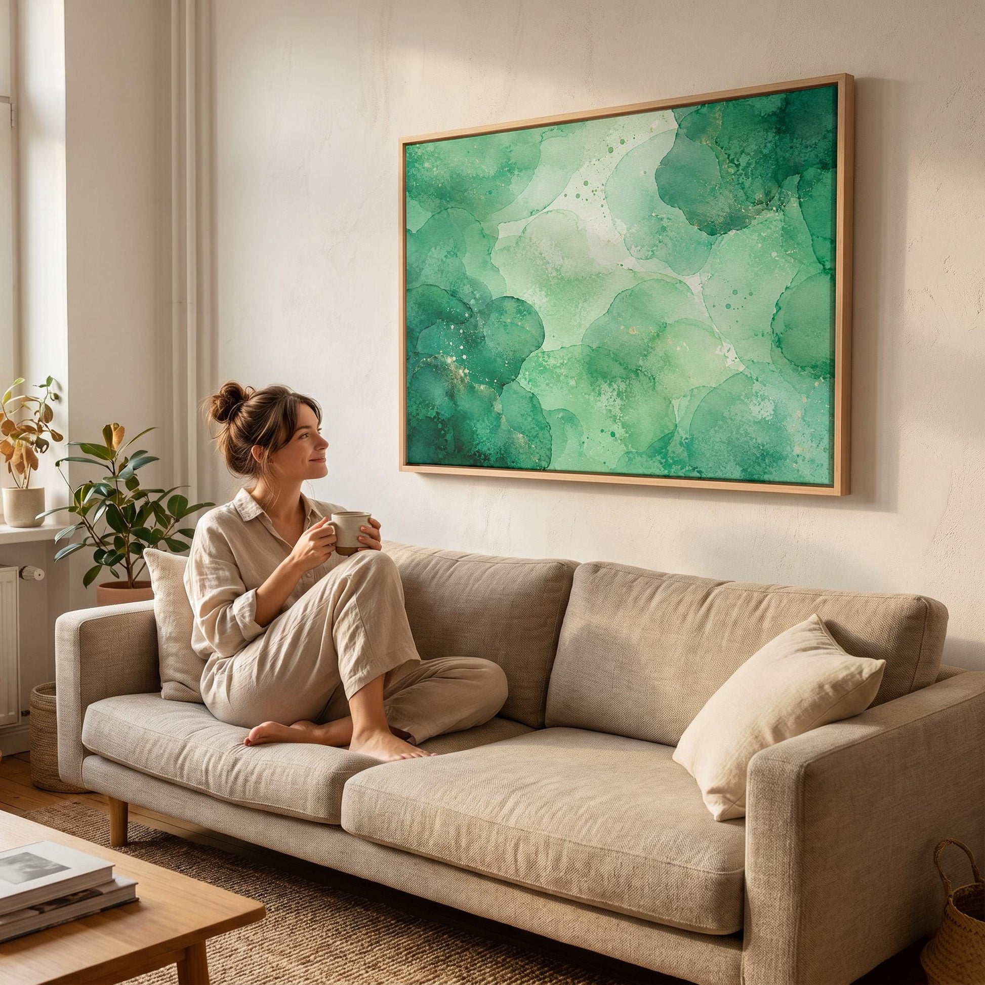 Wide emerald green watercolor wash, canvas print hanging in a calm, modern living space