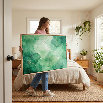 Wide emerald green watercolor wash, canvas print shown to scale in a furnished room