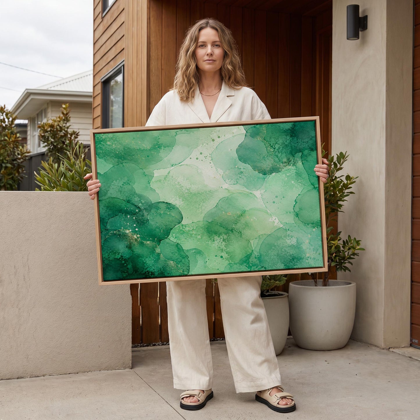 Wide emerald green watercolor wash, canvas print displayed on a neutral wall in a styled interior