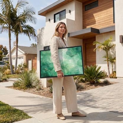 Wide emerald green watercolor wash, canvas print shown in a sunlit, contemporary room
