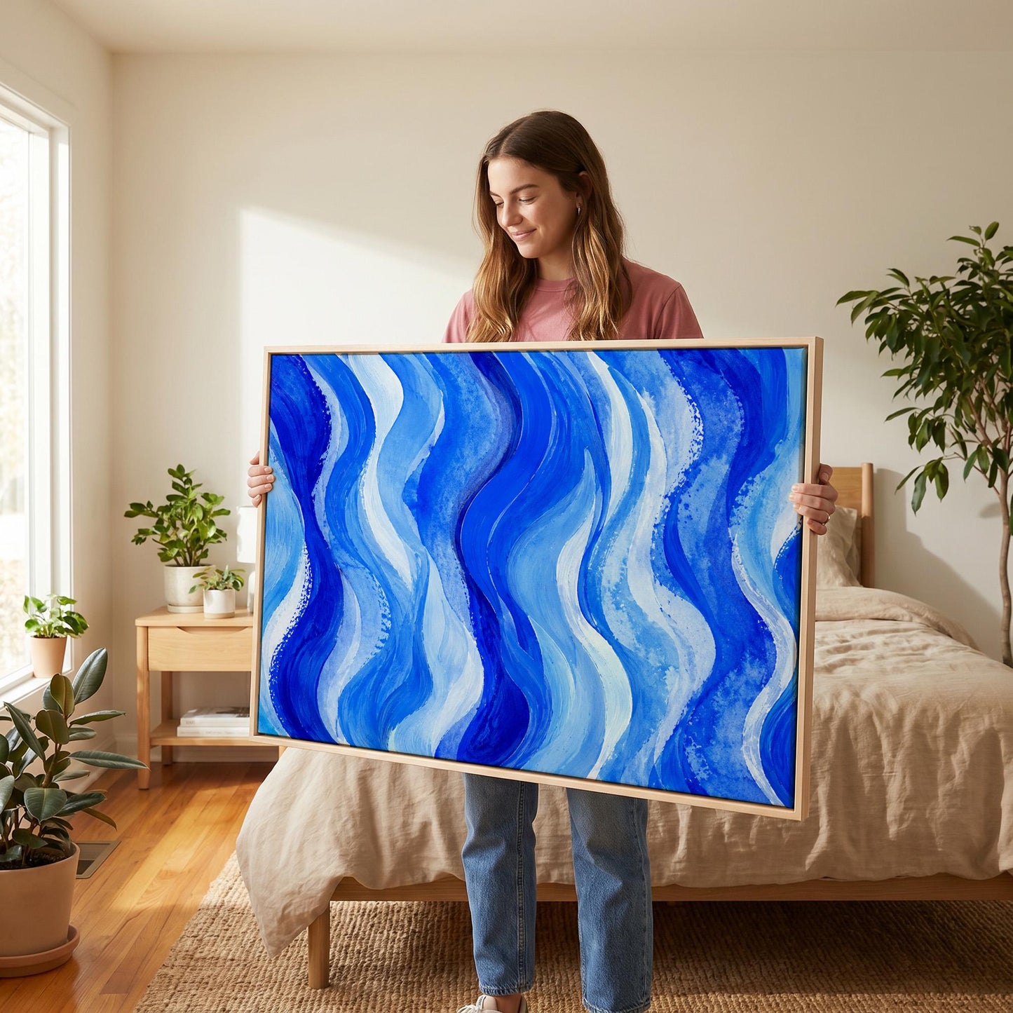 Bold cobalt wave currents across wide canvas, canvas print hanging in a calm, modern living space