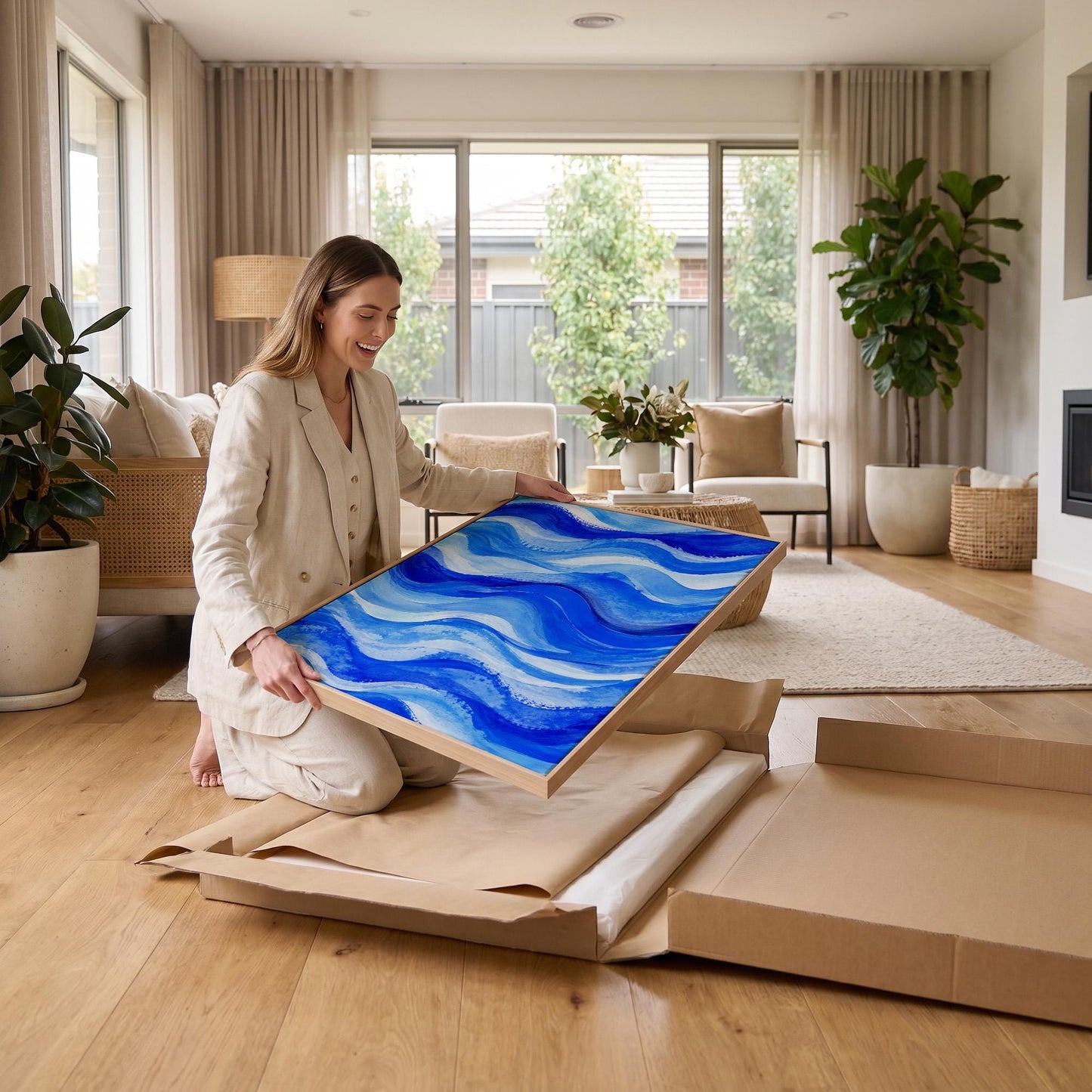 Bold cobalt wave currents across wide canvas, canvas print displayed on a neutral wall in a styled interior