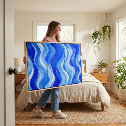 Bold cobalt wave currents across wide canvas, canvas wall art hanging in a calm, modern living space