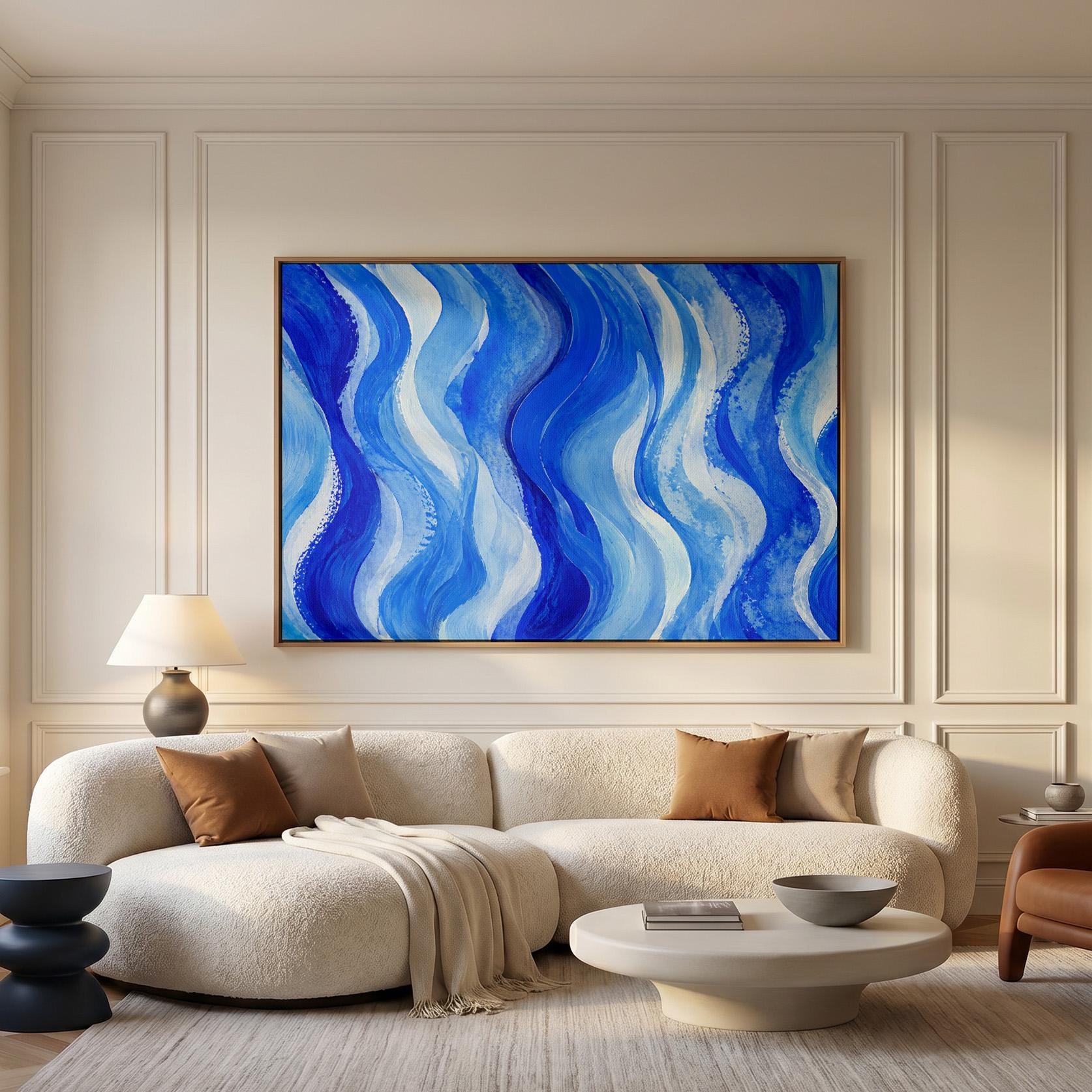Bold cobalt wave currents across wide canvas, canvas wall art styled against a soft white wall