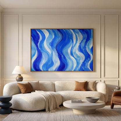 Bold cobalt wave currents across wide canvas, canvas wall art styled against a soft white wall