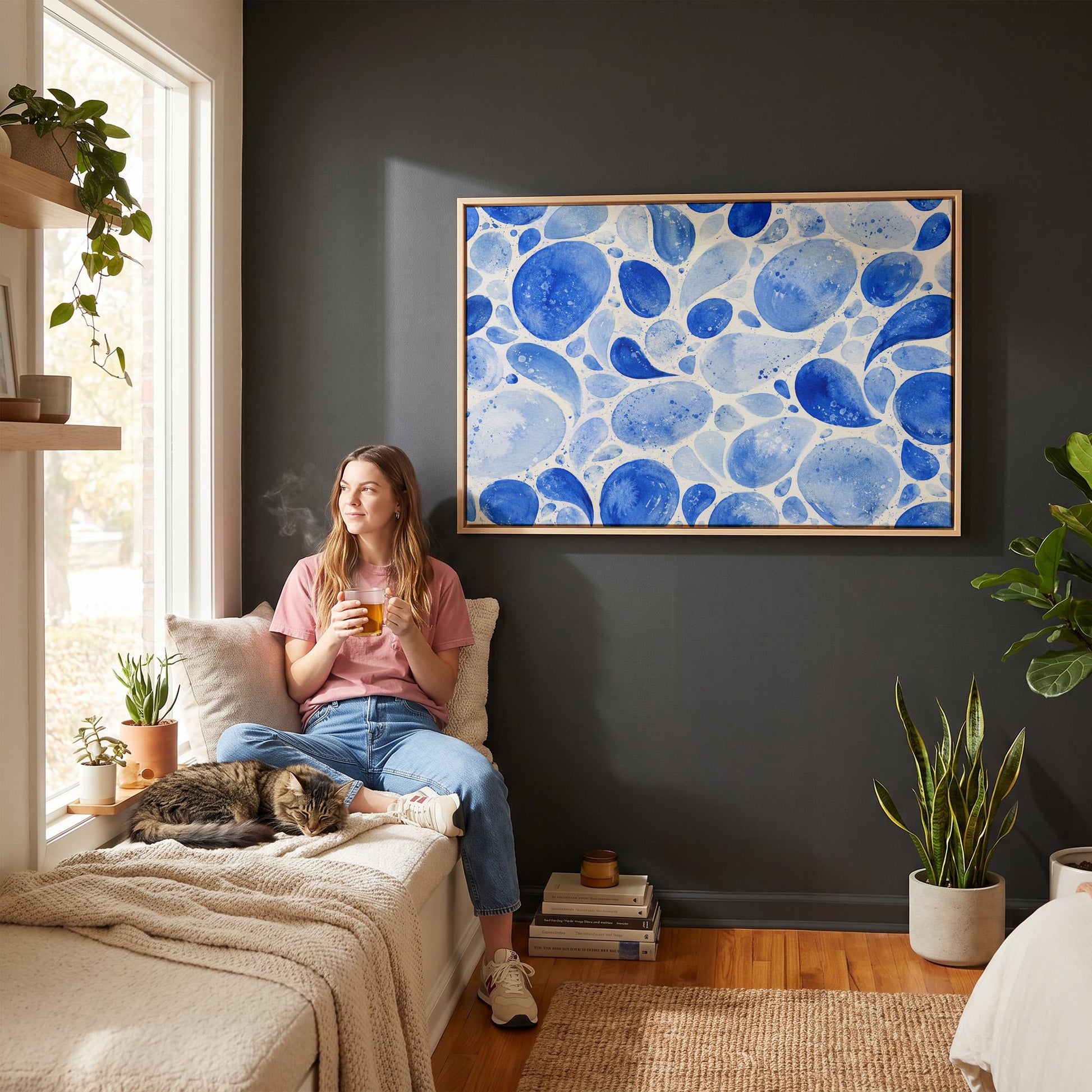 Watercolor blue pebbles spread across wide frame, canvas print shown in a sunlit, contemporary room