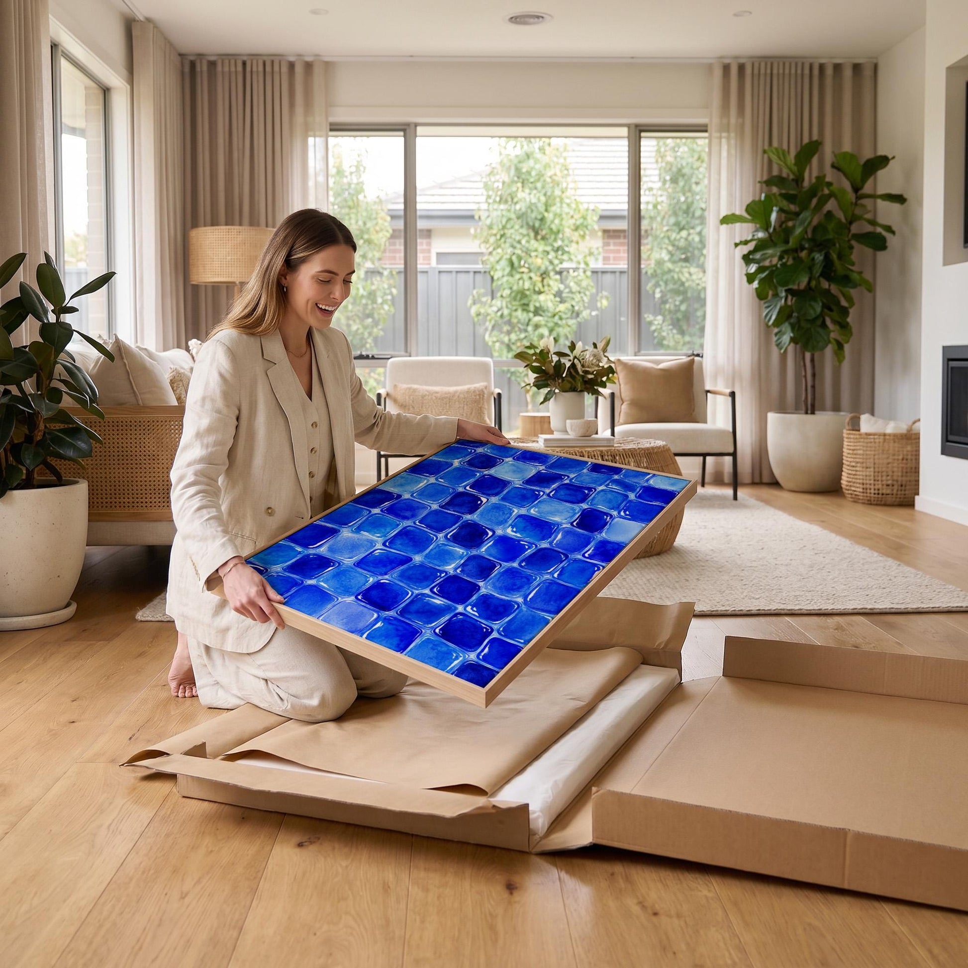 Deep sapphire mosaic tiles in wide grid, canvas print presented in a light, minimal room