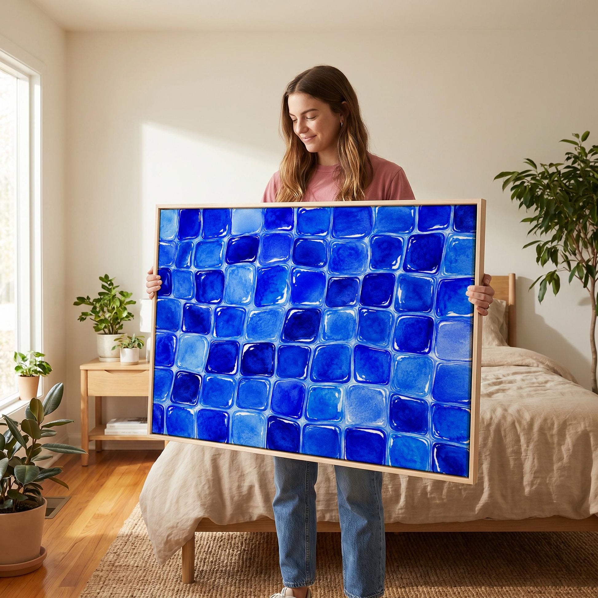 Deep sapphire mosaic tiles in wide grid, canvas print on a quiet wall in a considered interior