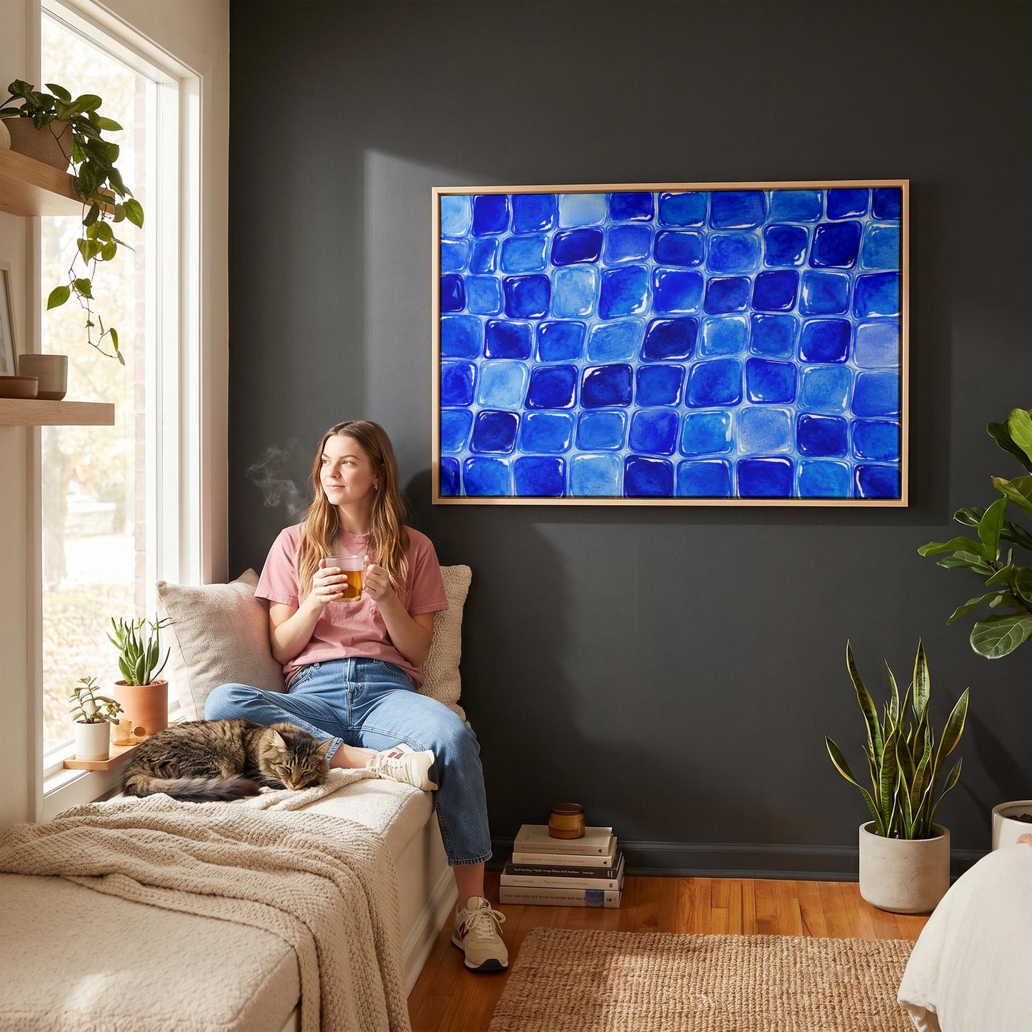 Deep sapphire mosaic tiles in wide grid, canvas wall art seen in a warm interior with natural light