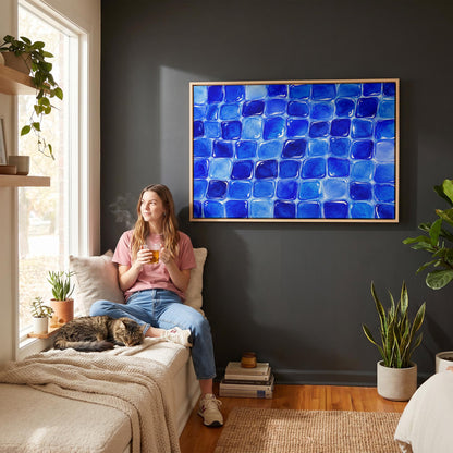 Deep sapphire mosaic tiles in wide grid, canvas wall art seen in a warm interior with natural light