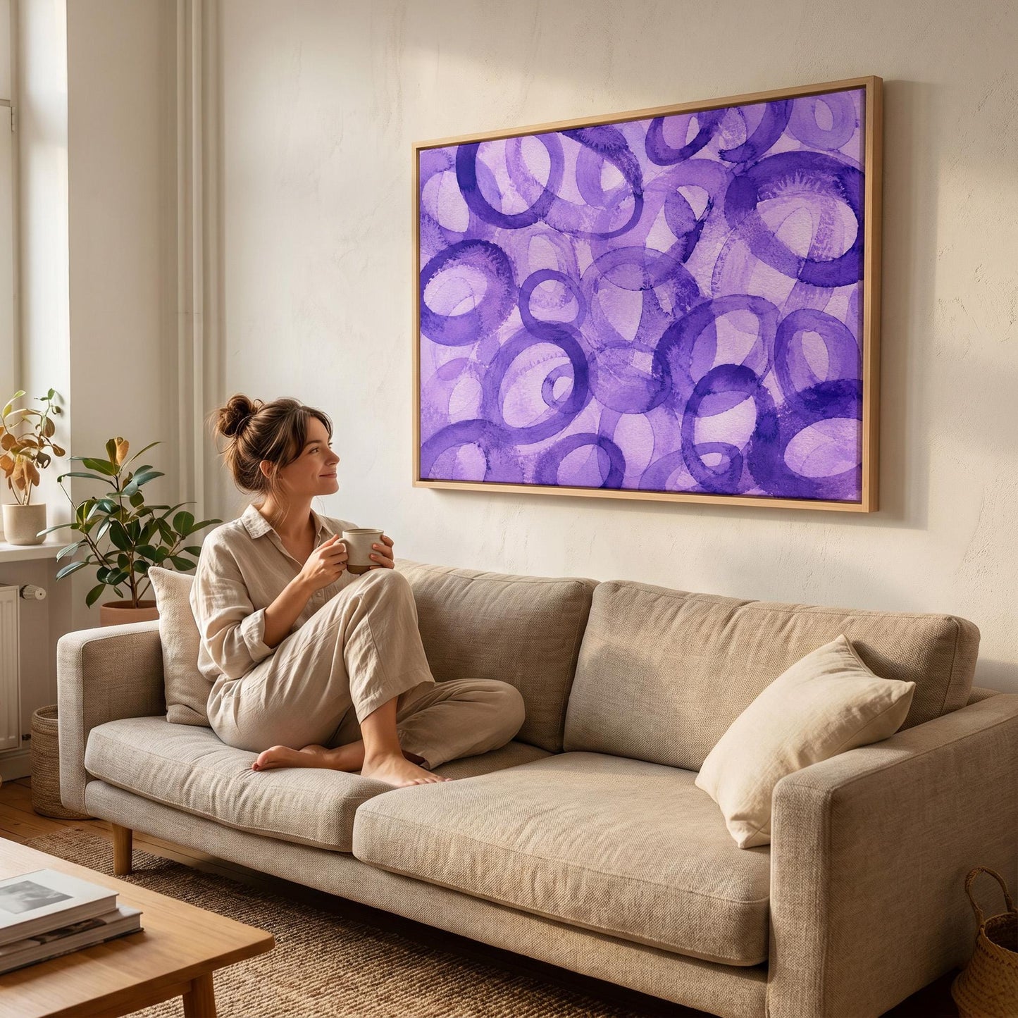 Swirling violet watercolor rings across wide frame, canvas print seen in a warm interior with natural light