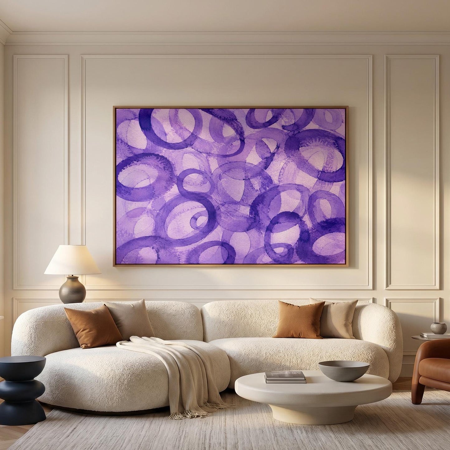 Swirling violet watercolor rings across wide frame, canvas print presented in a light, minimal room