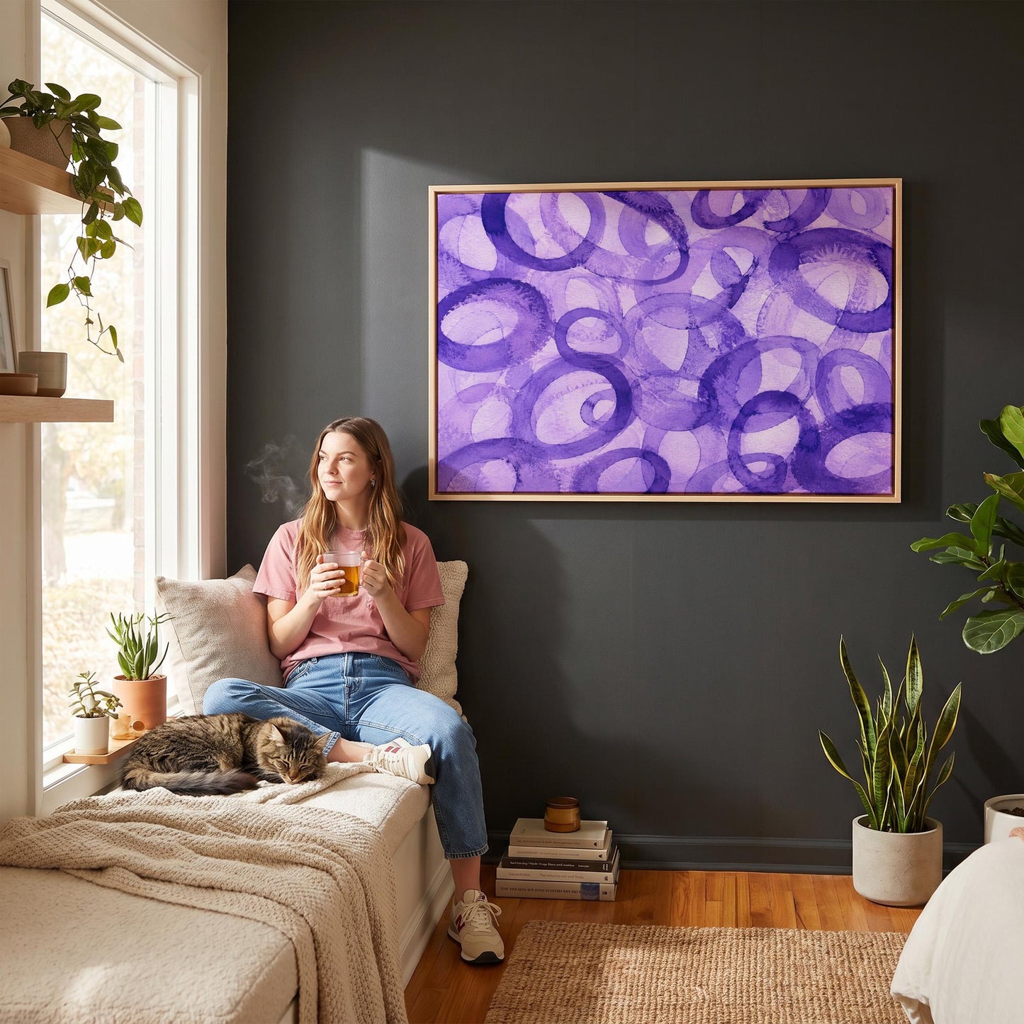 Swirling violet watercolor rings across wide frame, canvas print shown in a sunlit, contemporary room