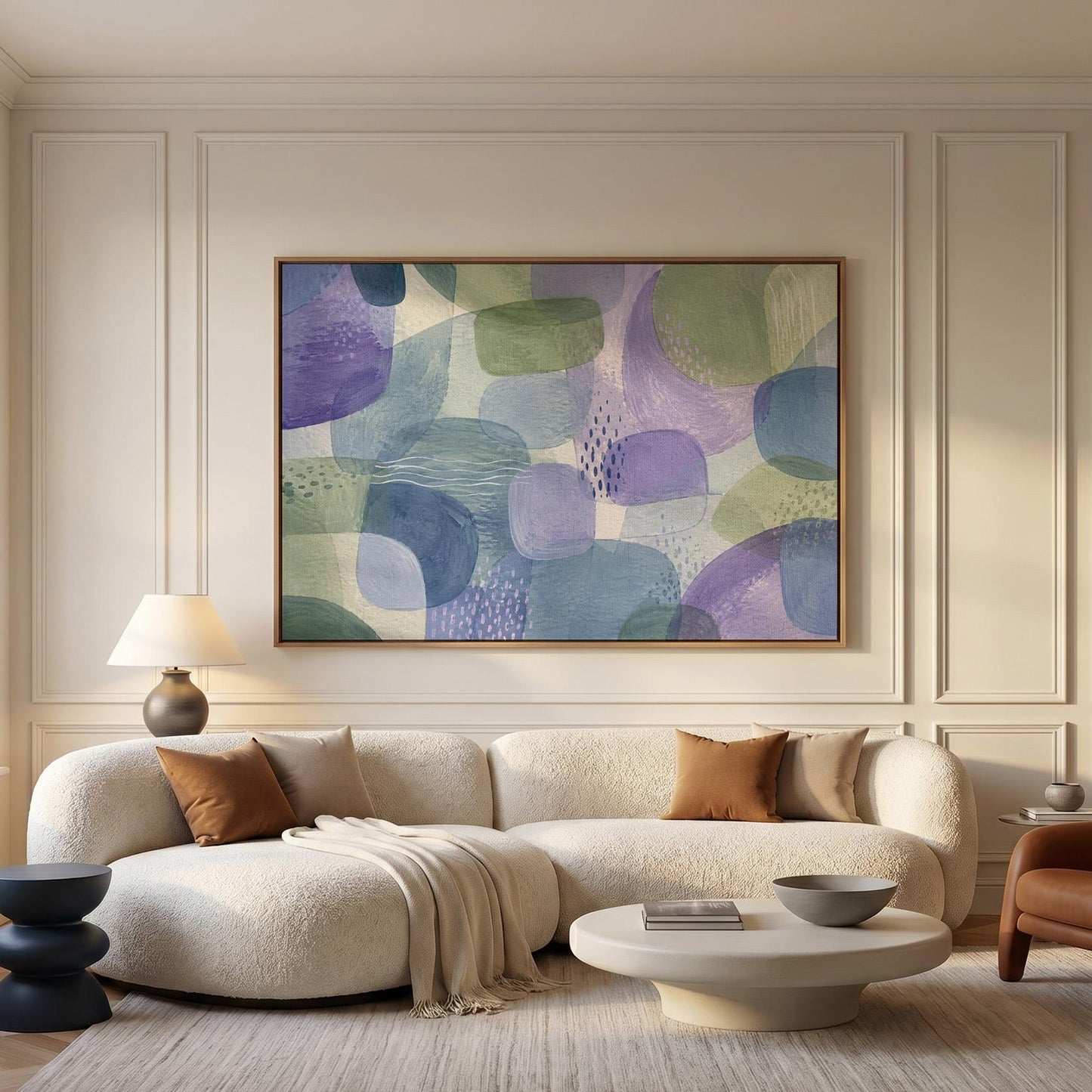 Soft muted shapes in dusty plum and sage, canvas print on a quiet wall in a considered interior
