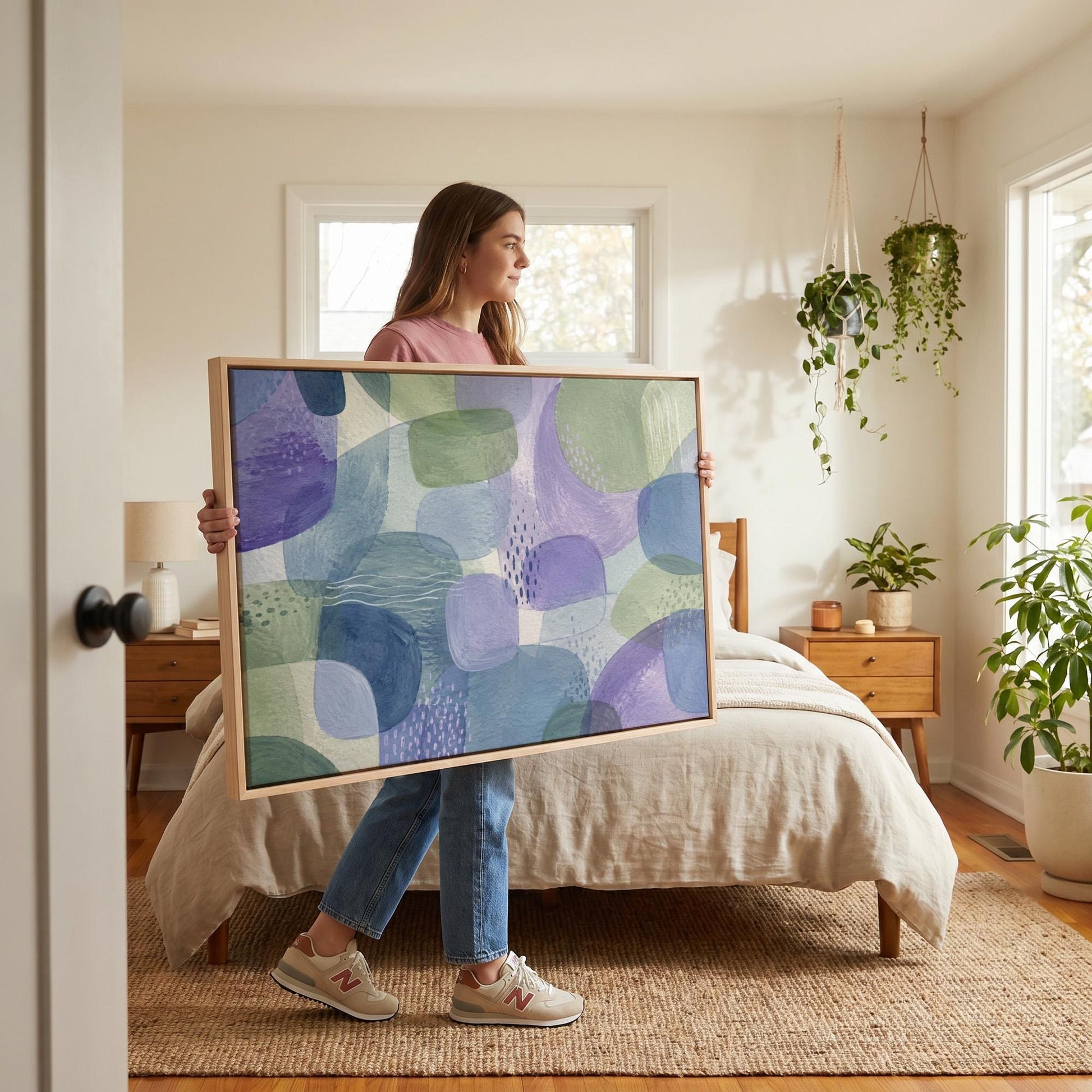 Soft muted shapes in dusty plum and sage, canvas print shown in a sunlit, contemporary room