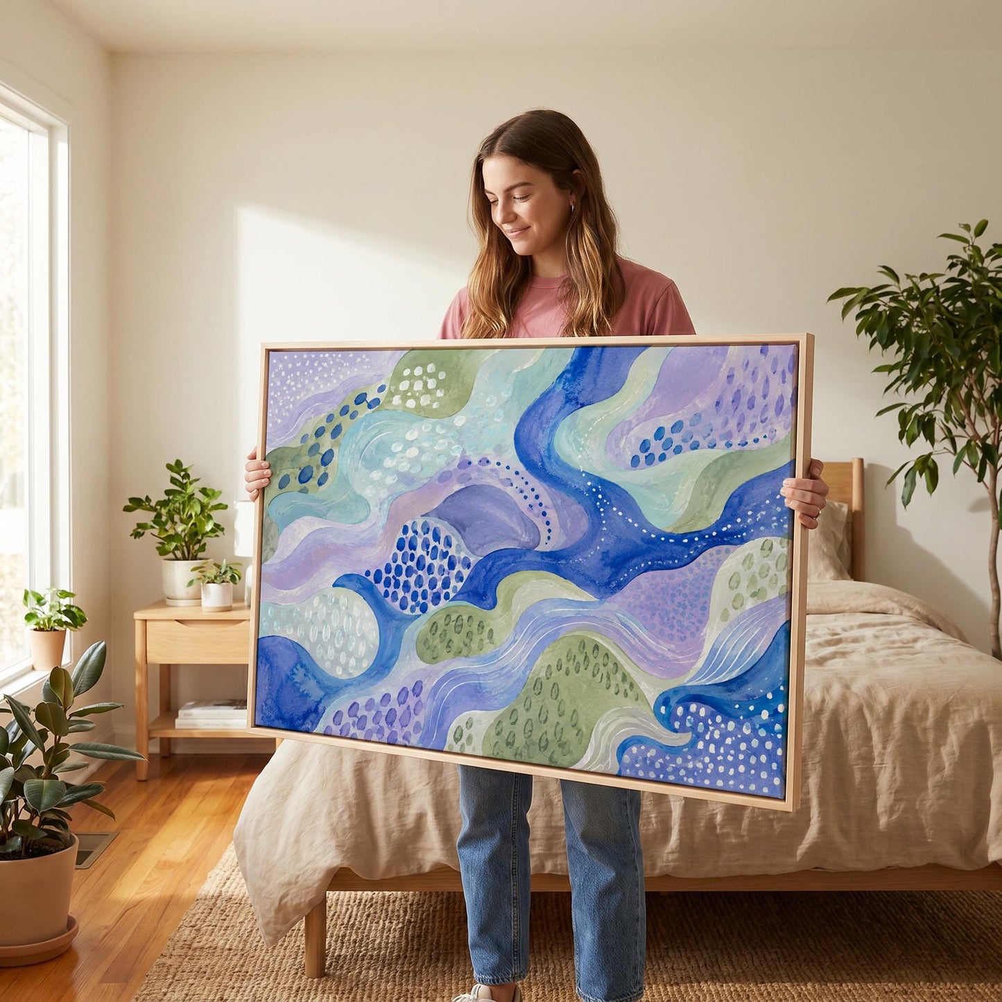Meandering blue streams among dotted lavender islands, canvas print styled against a soft white wall