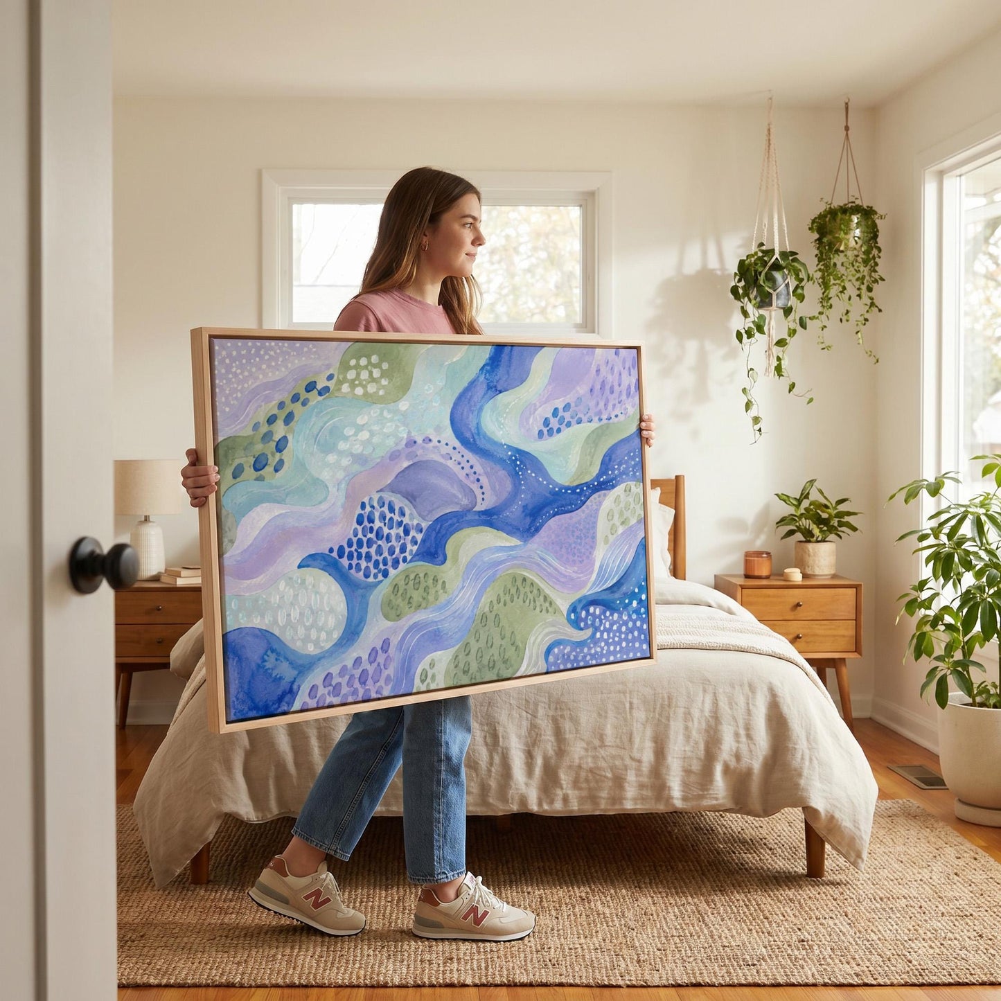 Meandering blue streams among dotted lavender islands, canvas print seen in a warm interior with natural light