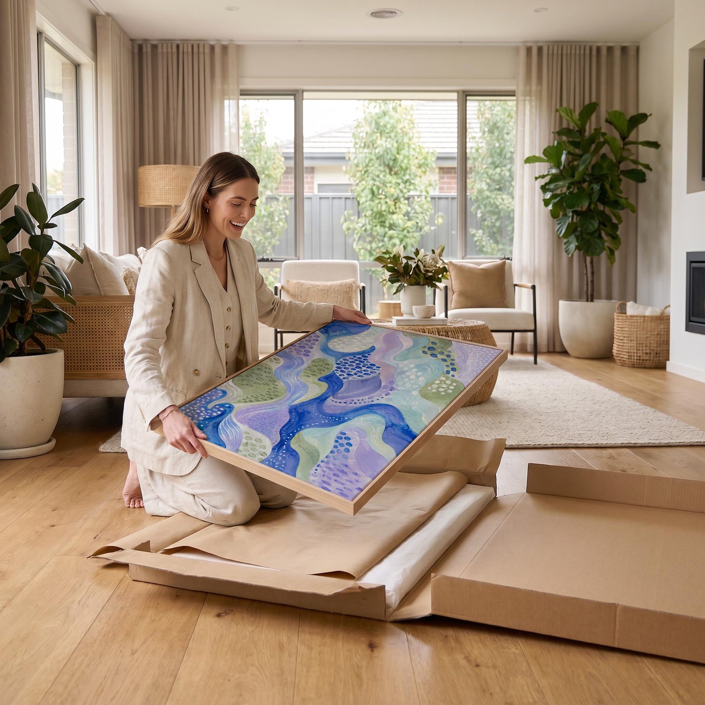 Meandering blue streams among dotted lavender islands, canvas print presented in a light, minimal room