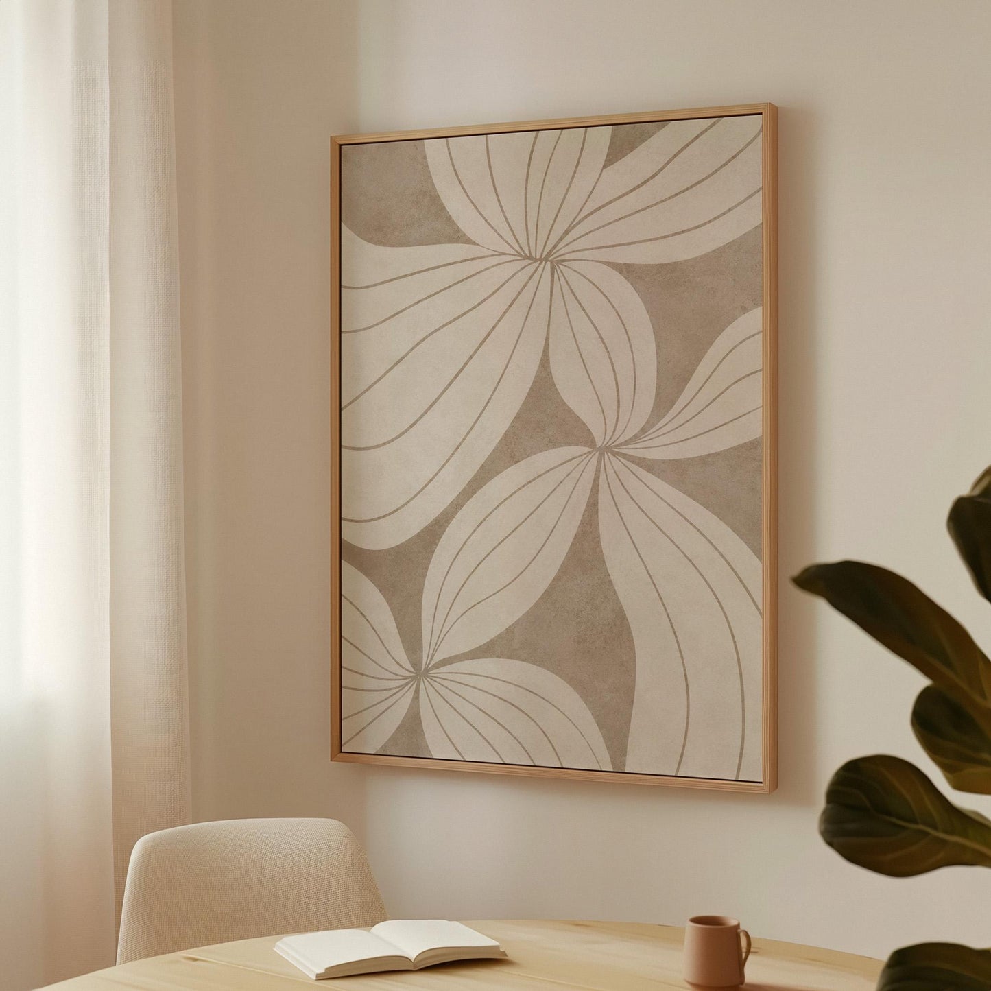 Abstract line drawing of oversized petals in cream and sand beige, canvas print styled against a soft white wall
