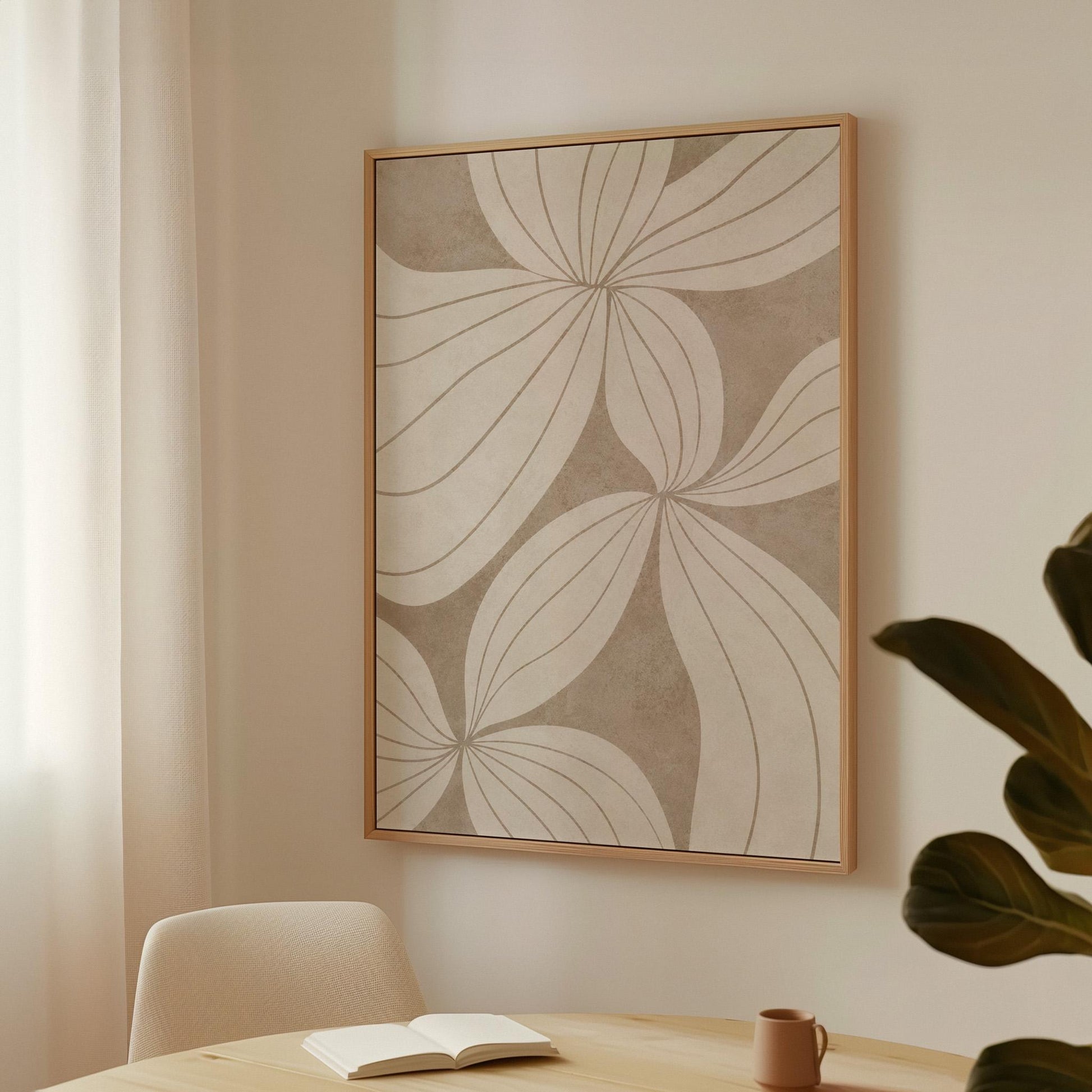 Abstract line drawing of oversized petals in cream and sand beige, canvas print styled against a soft white wall