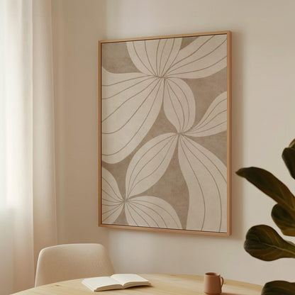 Abstract line drawing of oversized petals in cream and sand beige, canvas print styled against a soft white wall