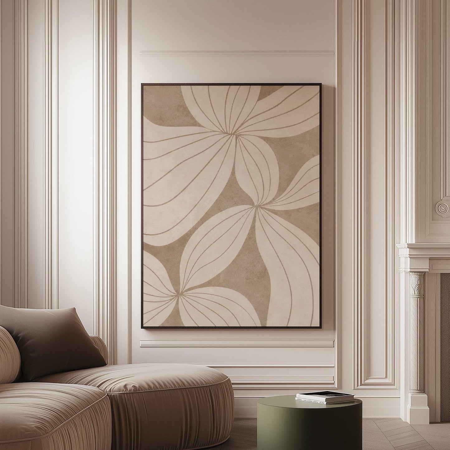 Abstract line drawing of oversized petals in cream and sand beige, canvas print on a softly lit wall in a calm interior