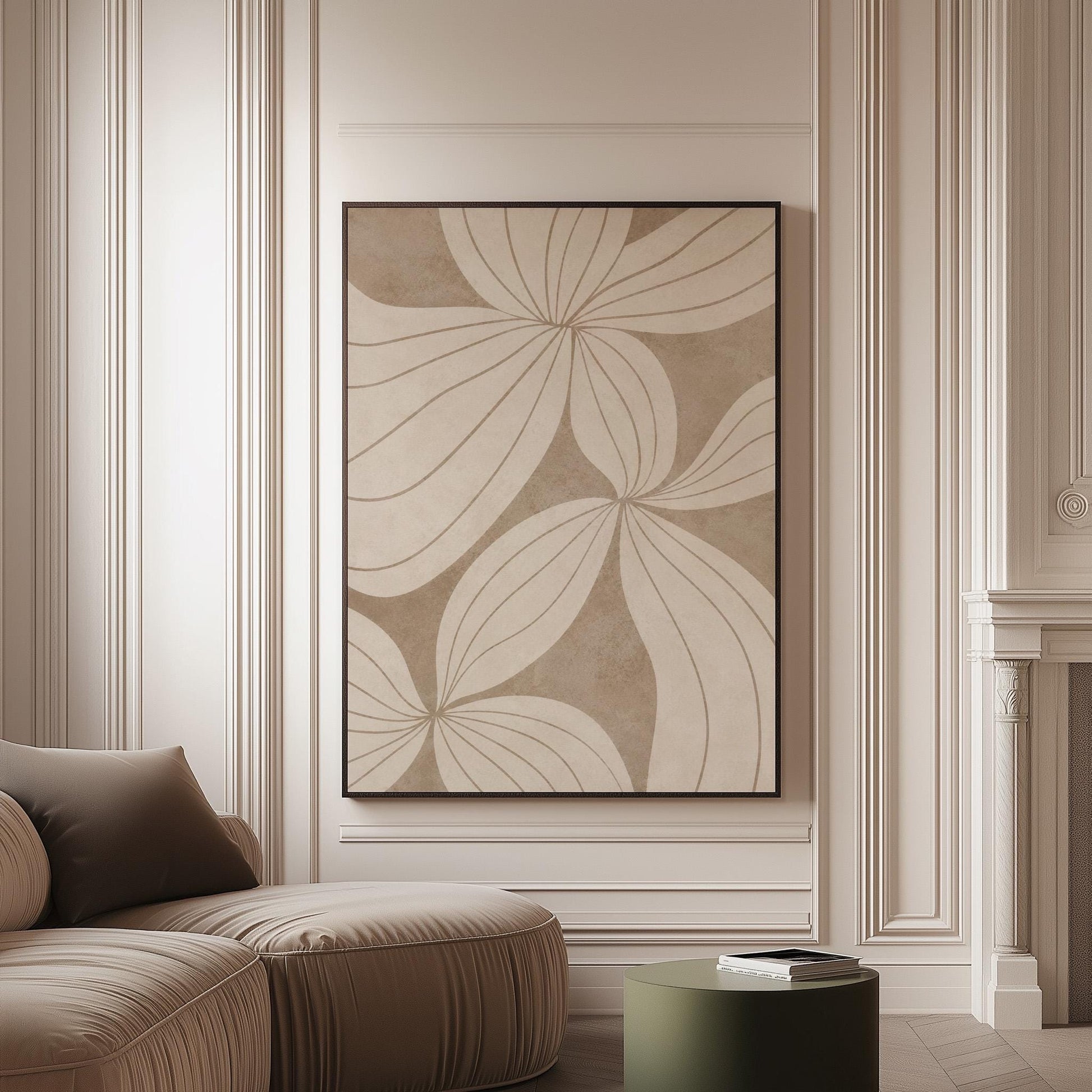 Abstract line drawing of oversized petals in cream and sand beige, canvas print on a softly lit wall in a calm interior