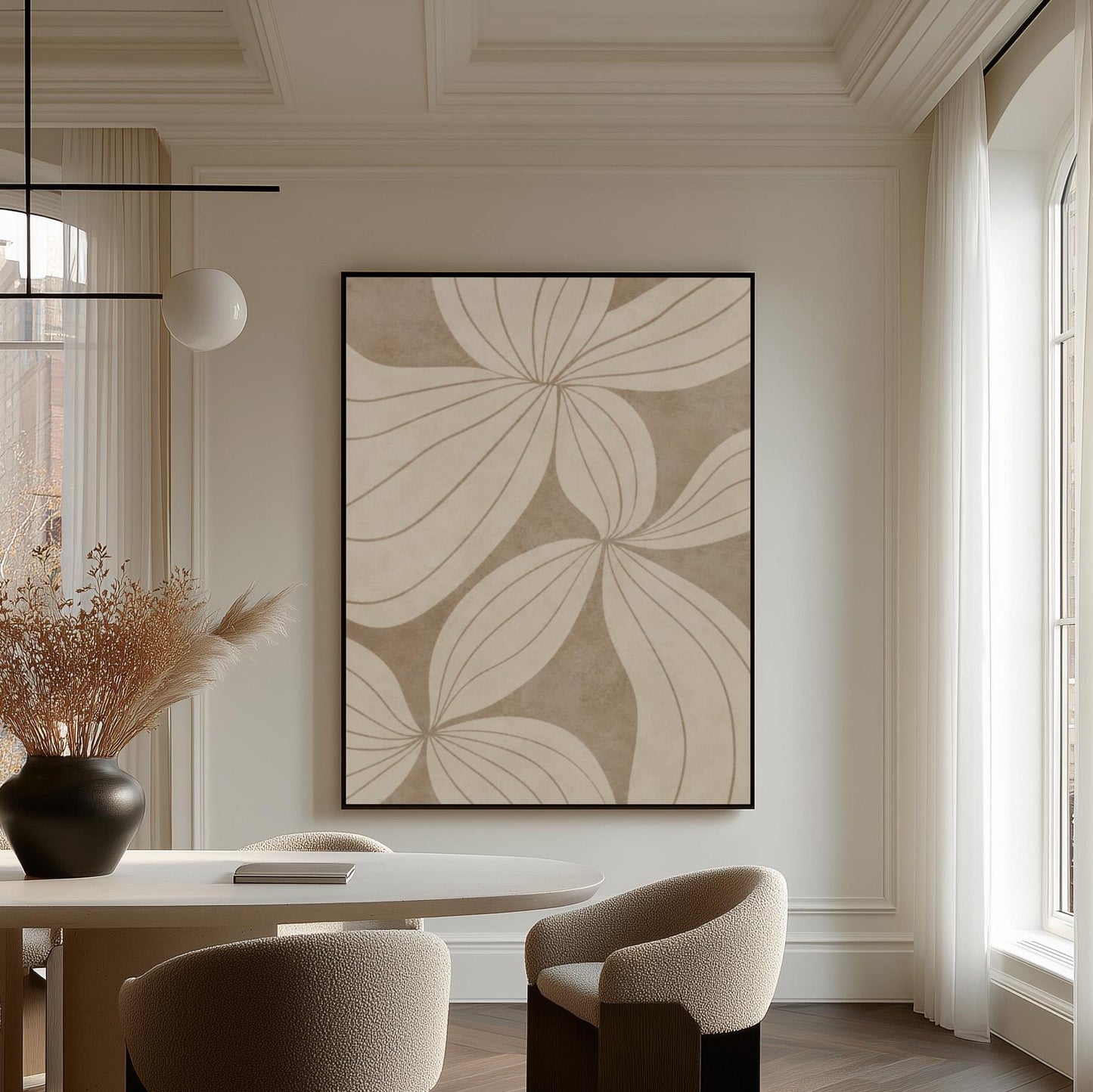 Abstract line drawing of oversized petals in cream and sand beige, canvas wall art on a quiet wall in a considered interior