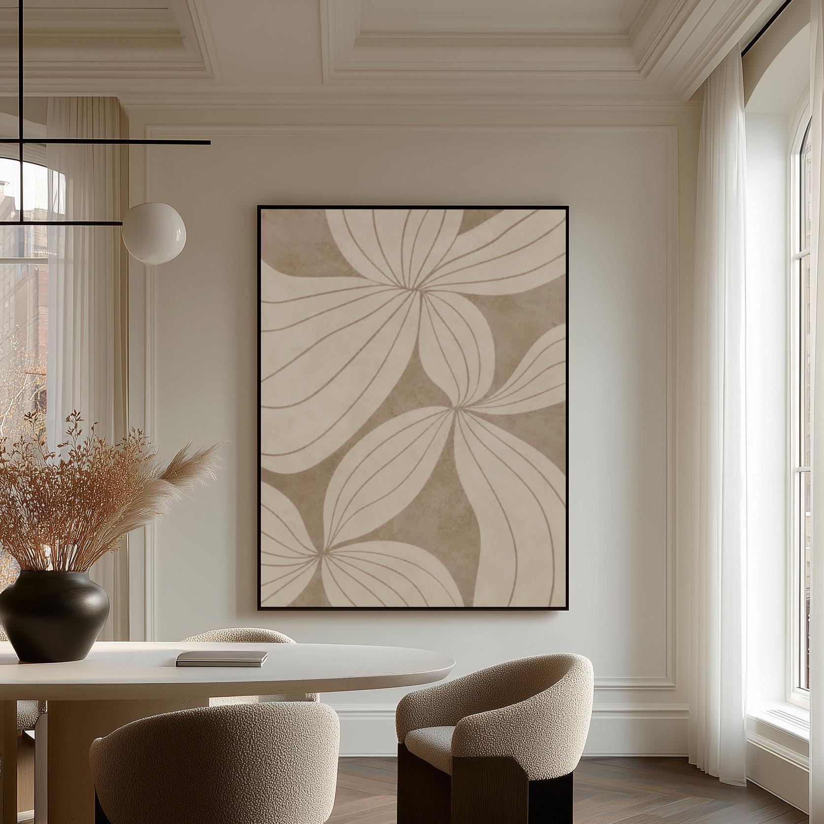 Abstract line drawing of oversized petals in cream and sand beige, canvas wall art on a quiet wall in a considered interior