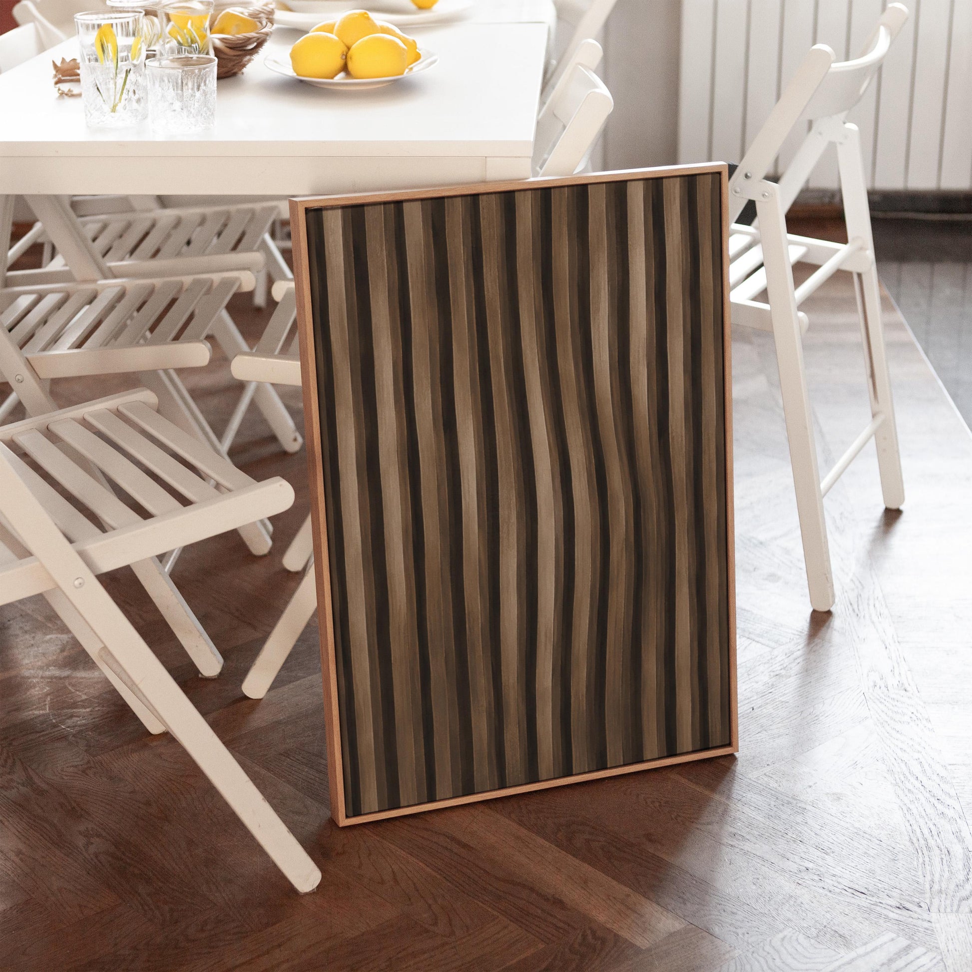Vertical wavy stripes in dark walnut and coffee brown tones, canvas print on a quiet wall in a considered interior