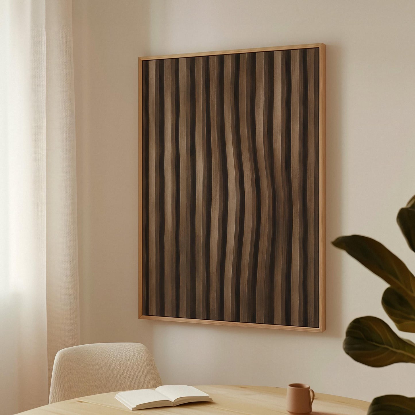 Vertical wavy stripes in dark walnut and coffee brown tones, canvas print shown in a sunlit, contemporary room
