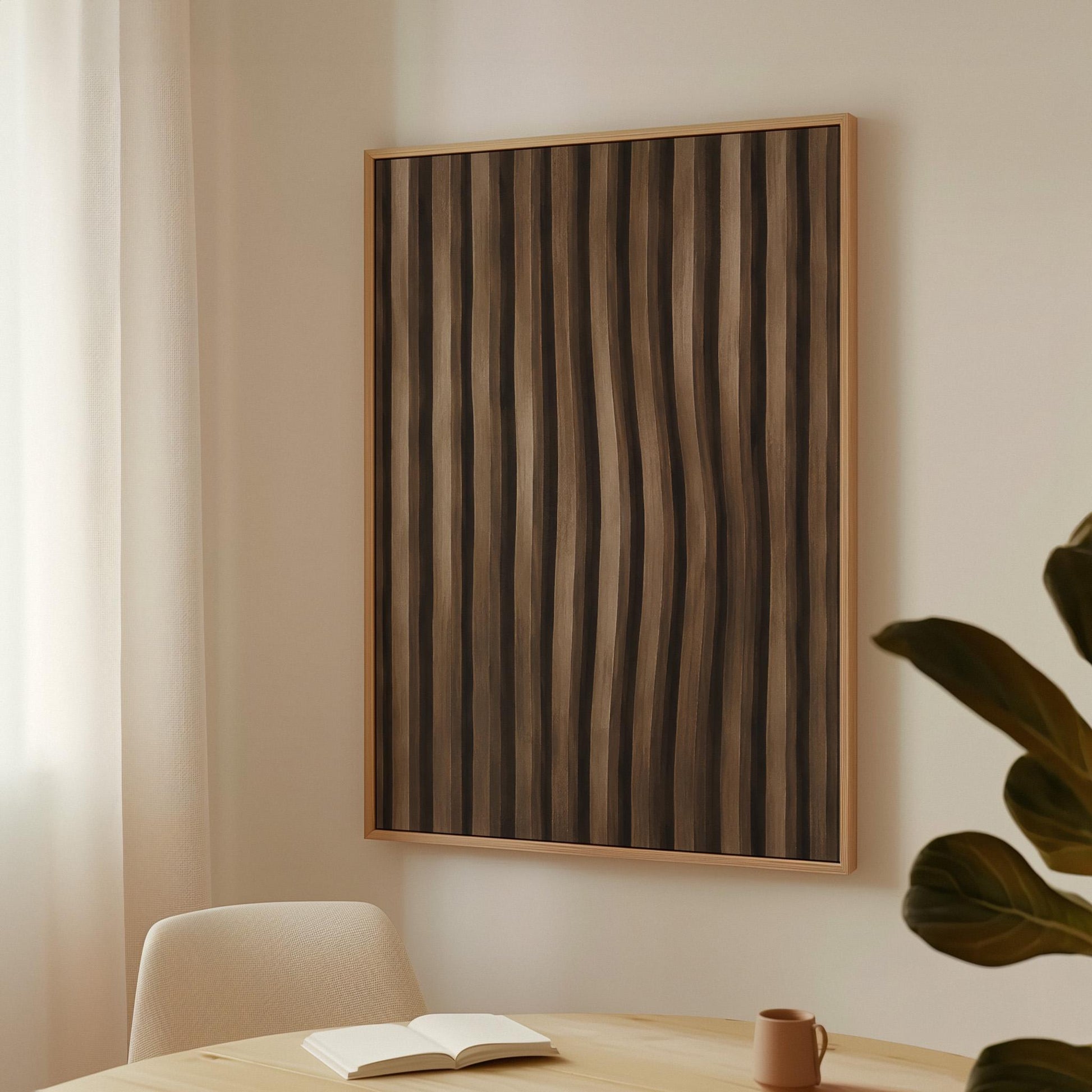 Vertical wavy stripes in dark walnut and coffee brown tones, canvas print shown in a sunlit, contemporary room