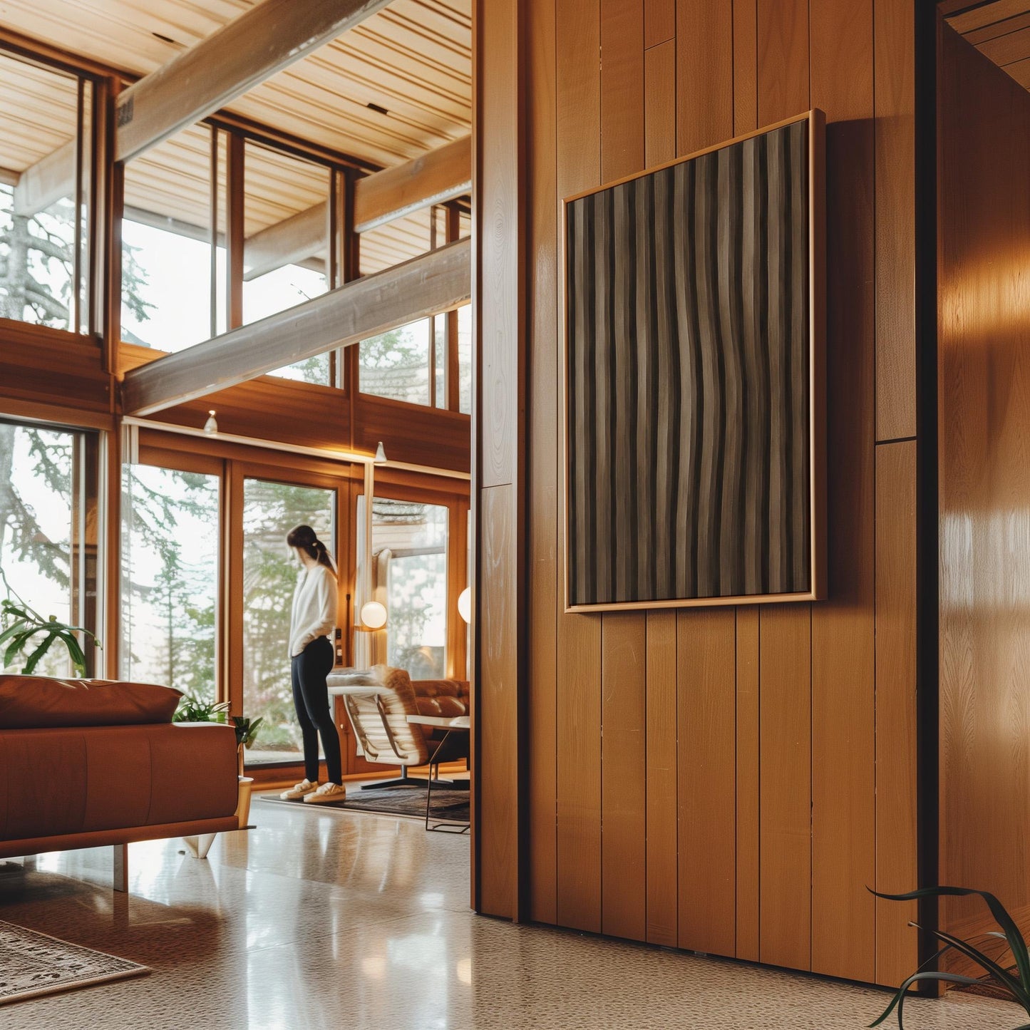 Vertical wavy stripes in dark walnut and coffee brown tones, canvas wall art seen in a warm interior with natural light