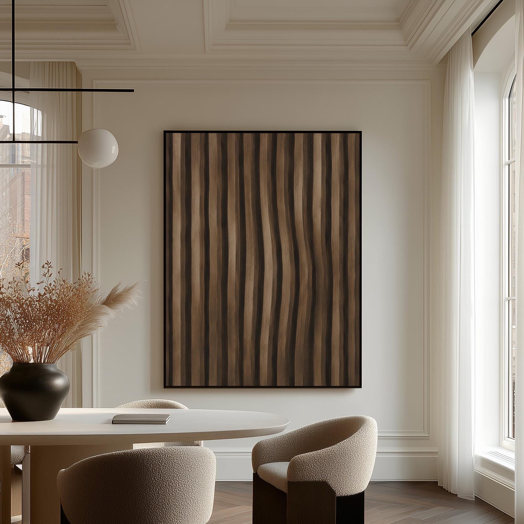 Vertical wavy stripes in dark walnut and coffee brown tones, canvas wall art presented in a light, minimal room