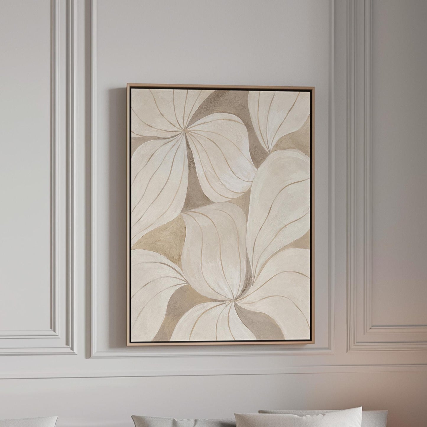 Soft cream petals drawn with thin outlines filling the frame, canvas print in a bright room with natural daylight