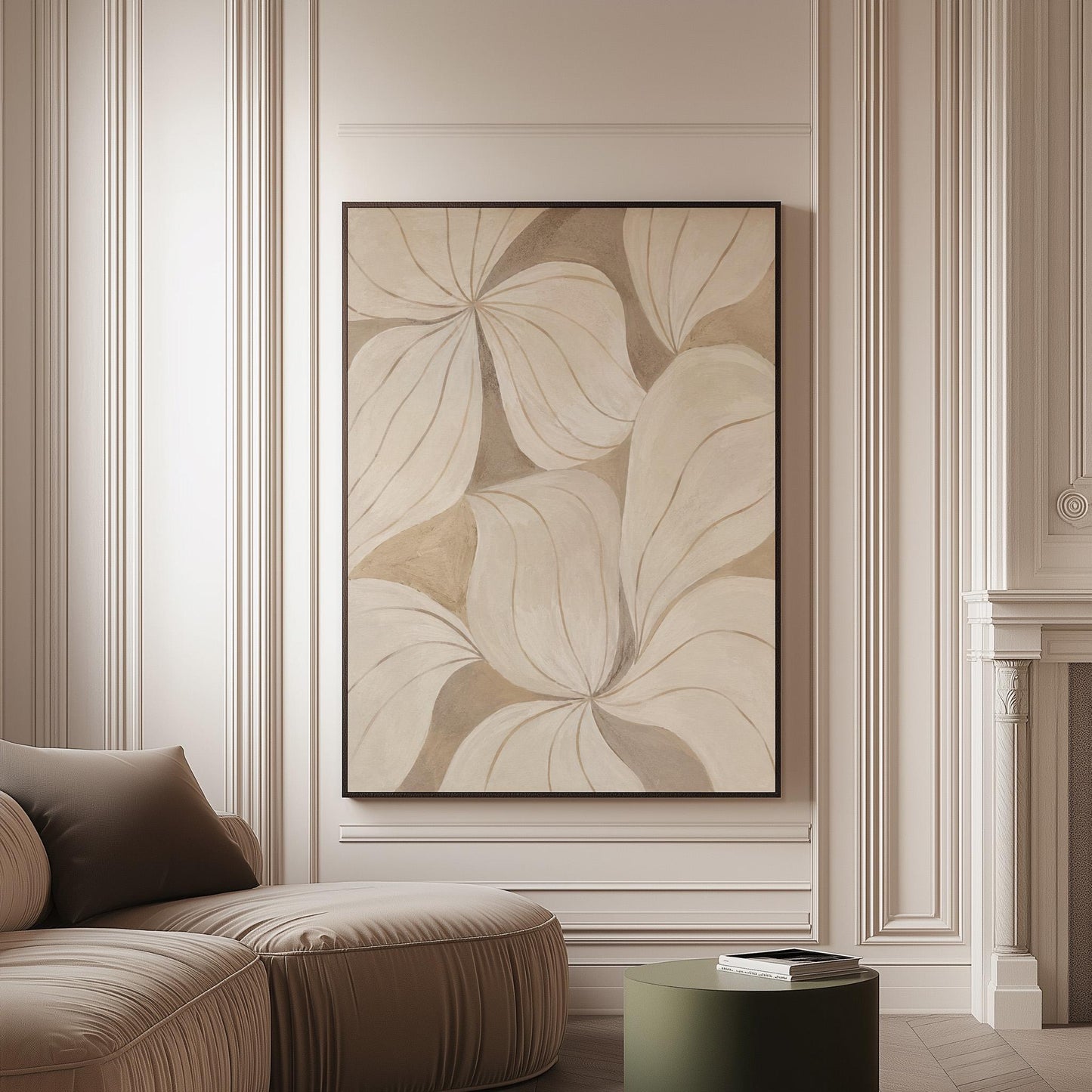 Soft cream petals drawn with thin outlines filling the frame, canvas print on a softly lit wall in a calm interior