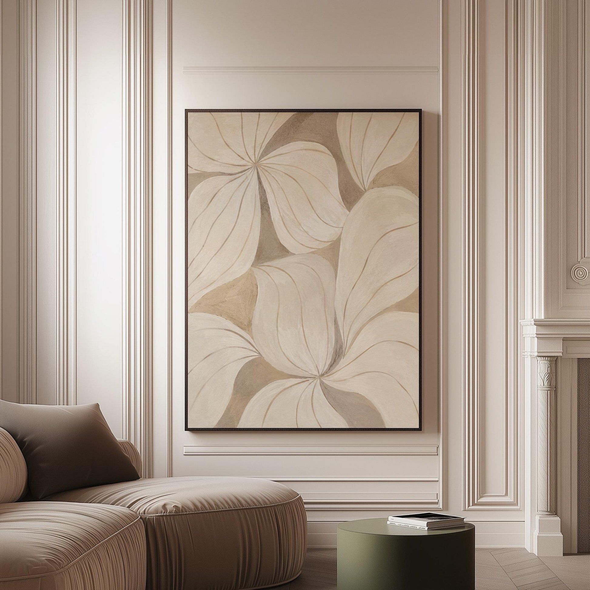 Soft cream petals drawn with thin outlines filling the frame, canvas print on a softly lit wall in a calm interior