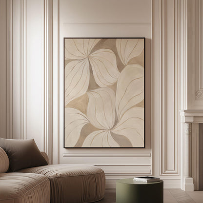 Soft cream petals drawn with thin outlines filling the frame, canvas print on a softly lit wall in a calm interior