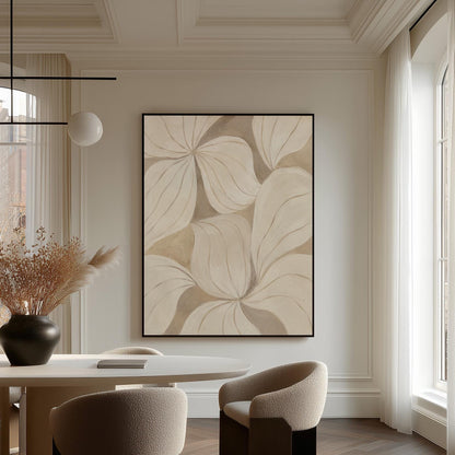 Soft cream petals drawn with thin outlines filling the frame, canvas print on a quiet wall in a considered interior