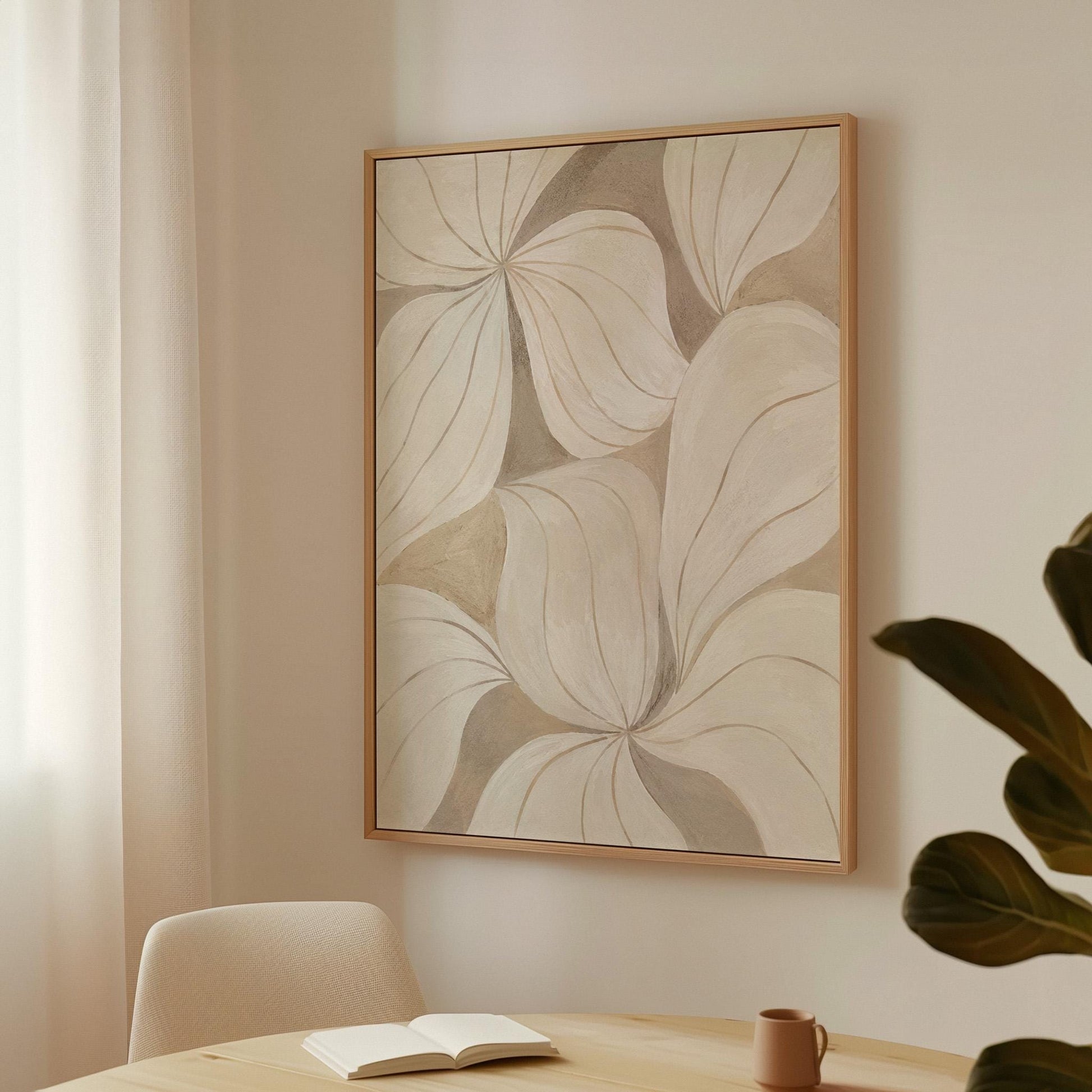 Soft cream petals drawn with thin outlines filling the frame, canvas print seen in a warm interior with natural light