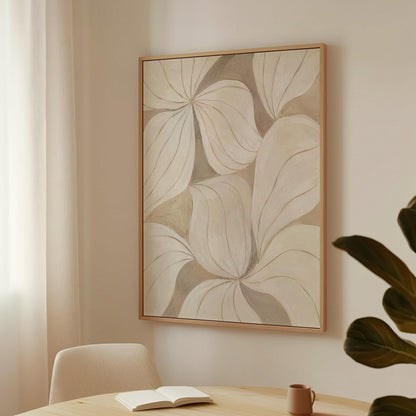 Soft cream petals drawn with thin outlines filling the frame, canvas print seen in a warm interior with natural light