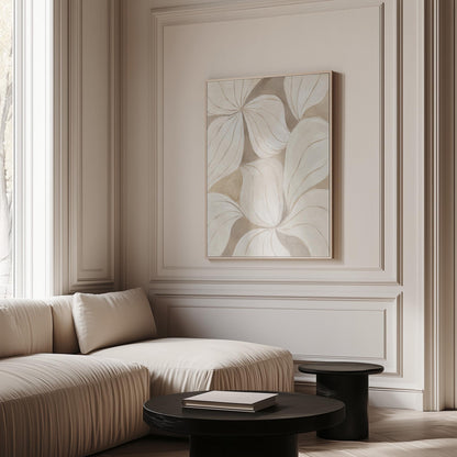 Soft cream petals drawn with thin outlines filling the frame, canvas wall art on a quiet wall in a considered interior